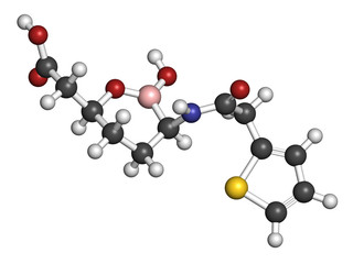 Vaborbactam drug molecule. Beta-lactamase inhibitor co-administered with meropenem to block degradation of the latter by carbapenemase enzymes. 3D rendering. 
