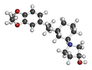 Vernakalant atrial fibrillation drug molecule. 3D rendering. Atoms are represented as spheres with conventional color coding: hydrogen (white), carbon (grey), nitrogen (blue), oxygen (red).