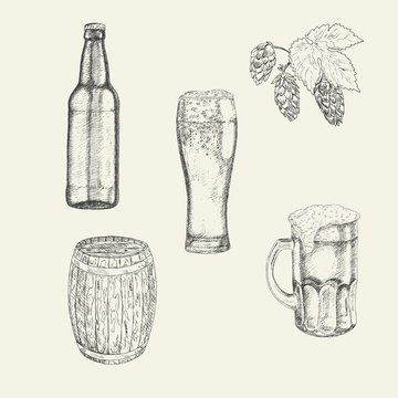 Beer set. Beer glasses and mug, hops, barrel and bottle. Hand drawn illustration