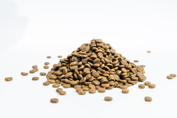 Dry pets food on white background