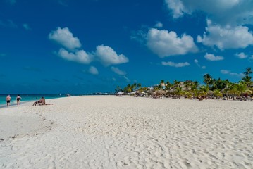 panorama of the Eagle Beach of Aruba Caribbean island with white sand and palm trees in the tropical scenery of the Netherlands Antilles