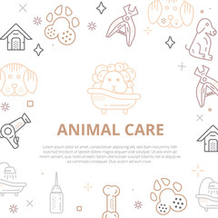 Dog care Line art banner with sign of dog, bone, clipper, comb. Stylish animal equipment for your promo design