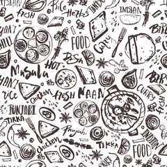 Indian Food seamless pattern background with lettering. Modern Sketch asian menu