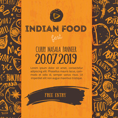 Indian Food menu background with lettering. Modern Sketch Flyer for cafe.