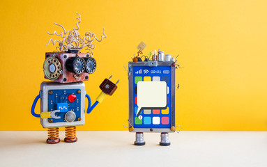 Smartphone robot assistant. Creative design touch screen mobile phone device, light bulb capacitors...