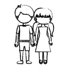 blurred black contour faceless couple girl with pigtails hair and boy in shorts and taken hands vector illustration