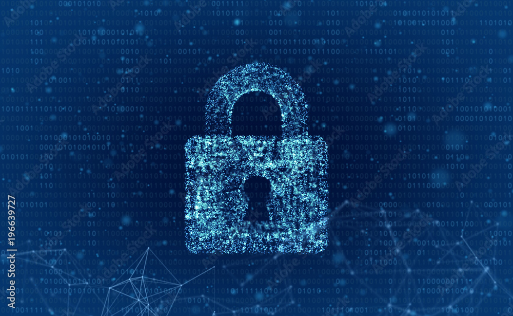 Poster data security and computer server network safety with a protection symbol of a lock with a keyhole
