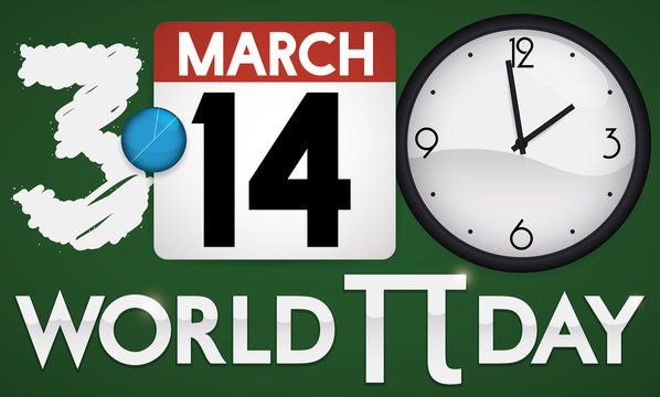 Blackboard, Calendar and Clock Promoting World Pi Day, Vector Illustration