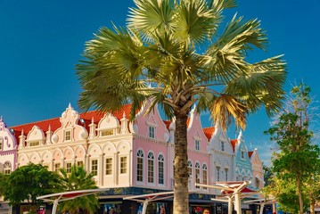 colorful architecture in Caribbean style on the island of Aruba in the antilles of the Dutch city of Oranjestad