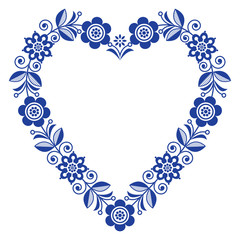 Folk heart vector design, Scandinavian floral ornament heart shape, traditional design with flowers in navy blue - birthday or wedding greeting card 