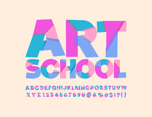Vector Colorful poster with text Art School. Cute bright Font. Artistic abstract mosaic Alphabet Letters, Numbers and Symbols