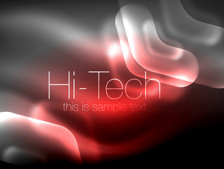 Blurred arrows in dark space. Neon pointers, glass glossy design, abstract shiny techno background, web banner