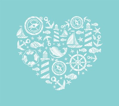 Sea heart background, light blue, vector. Dolphin, fish and attributes sea travel. White icons in the shape of a heart. Vector picture. Hatching with a white pencil on a light blue field. Imitation.  