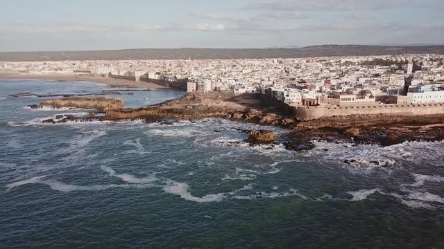 Aerial view of medieval Essaouira old city on Atlantic coast, Morocco, 4k
