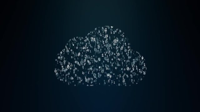 Cloud computing conception, chaotically slow moving zero and one symbol binary, cloud technology, cloud storage, shared data, internet of things