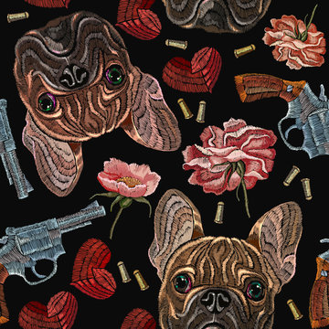 Embroidery bulldog, flowers and hearts, guns seamless pattern. Wild west embroidery roses, old revolvers, red hearts and french bulldog dog, gangster fashion background. Clothes t-shirt design