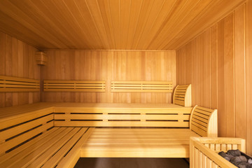 Fototapeta na wymiar Fornal view of sauna with pebbles