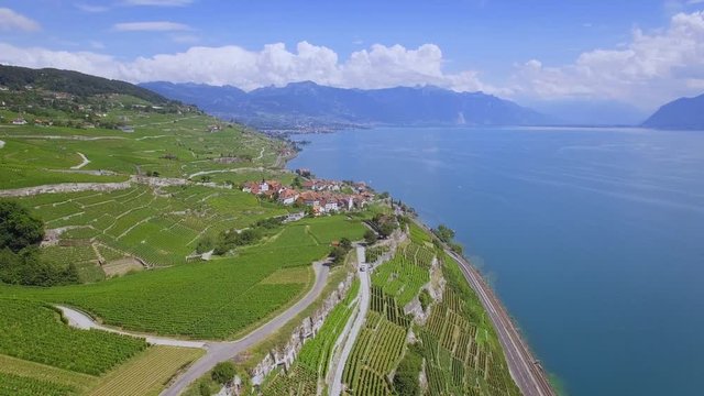 4K Beautiful Switzerland aerial shot. Lake Geneva area, Lavaux UNESCO vineyards scenic panorama