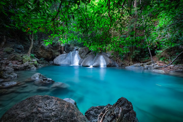 Naklejka premium Jangle landscape with Erawan waterfall. Kanchanaburi, Thailand