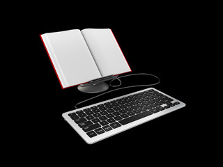 Keyboard and book with blank page, concept of writer, 3d Illustration isolated black