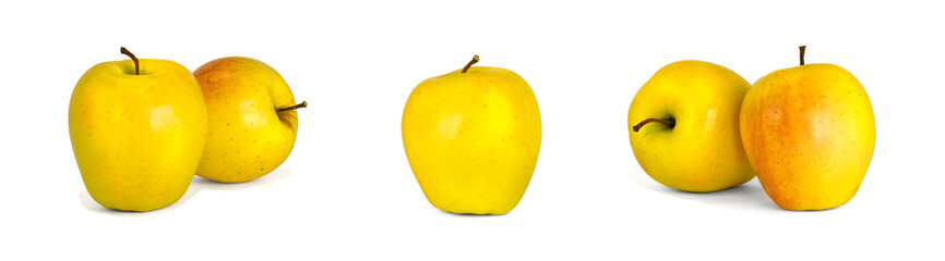 Assorted yellow apples Golden Delicious isolate white background. Procurement under inscription and illustration