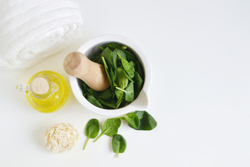 Natural Ingredients for Homemade Body Face Mask Scrub Green Spinach. Beauty Concept. SPA