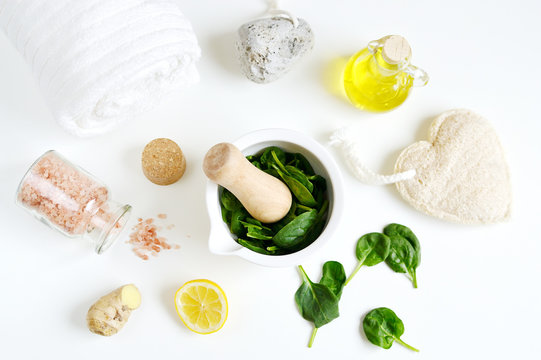 Natural Ingredients for Homemade Body Face Mask Scrub Green Spinach. Beauty Concept. SPA