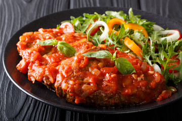Italian beef Pizzaiola and fresh vegetable salad close-up. horizontal