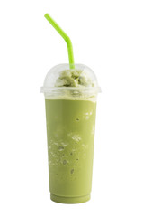 green tea smoothie in plastic cup on white