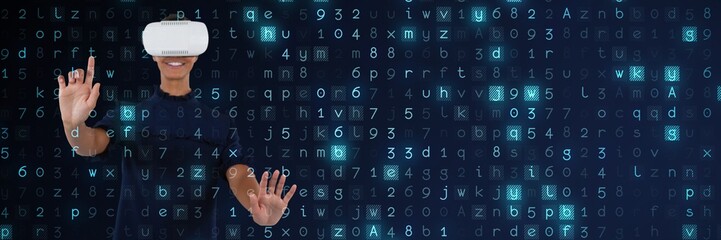 Composite image of woman gesturing while using virtual reality