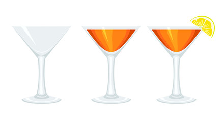 Set glass goblets with cocktail and with lemon. 