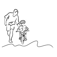 father teaching his son to ride a bicycle vector illustration sketch hand drawn with black lines isolated on white background