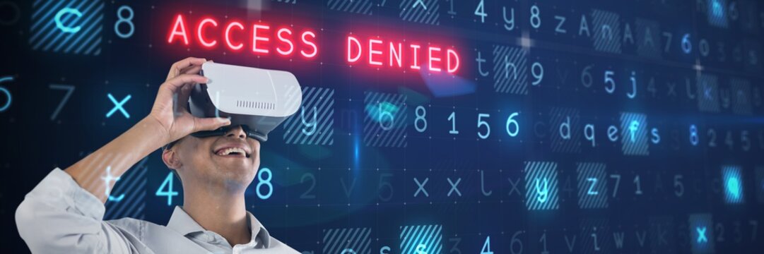 Man using virtual reality headset against virus background