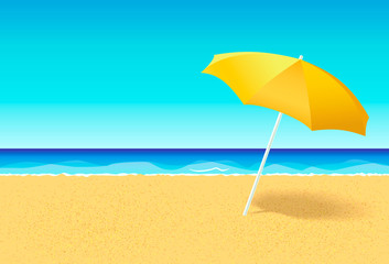 Beach umbrella on a deserted beach near ocean. Vacation flat vector concept. Empty beach without people with parasol and blue sky at sea background. Horizontal poster, banner or flyer for a holiday