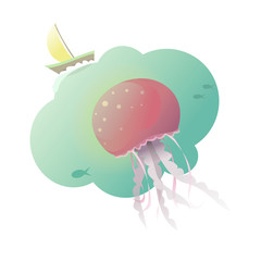 Large multi-colored jellyfish under water and ship.
