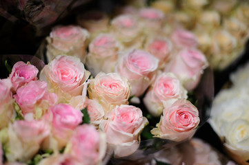 Top view og bouquet of flowers consisting of tender pink roses