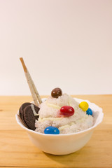 homemade bingsu on wooden table with white background.