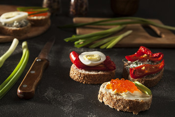 Sandwiches,  sandwich with vegetables,  sandwich with red caviar,  egg sandwich, sandwich snack, various sandwiches