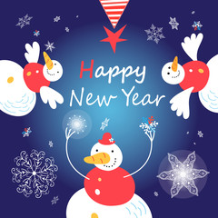 Greeting card with merry snowmen on blue background
