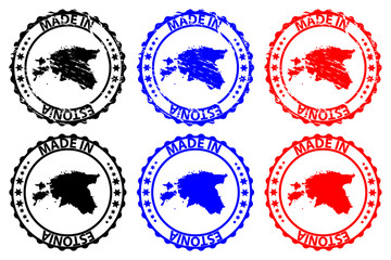 Made in Estonia - rubber stamp - vector, Estonia map pattern - black,blue and red