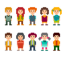 Set of different pixel art 8-bit people characters.
