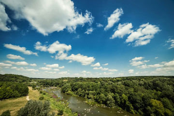 beautiful summer landscape with river Southern Bug and blue sky in Vinnitsa, Ukraine