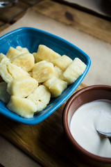 Bulgarian breakfast in a bright plate on a wooden table
