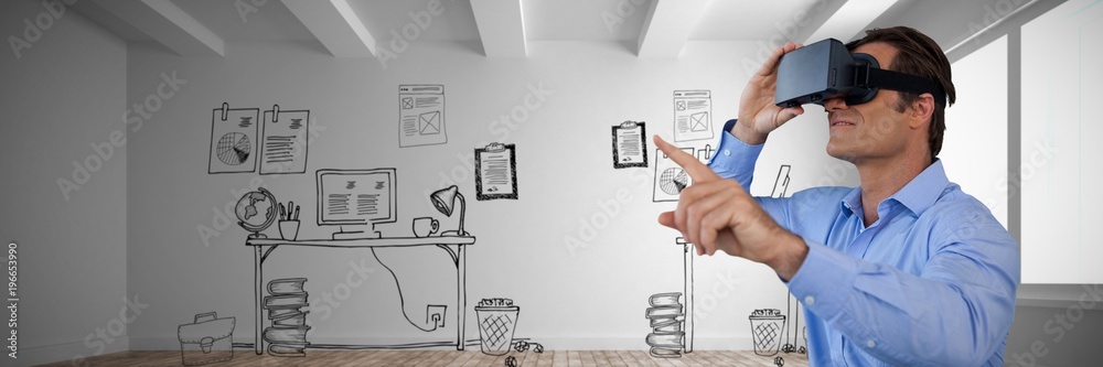 Poster composite image of businessman gesturing while using virtual