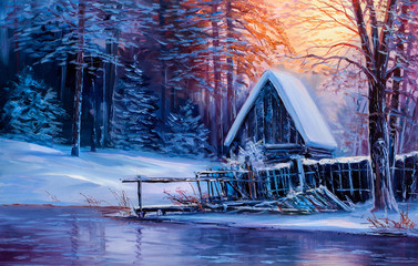 Old cabin in winter forest.Oil painting.