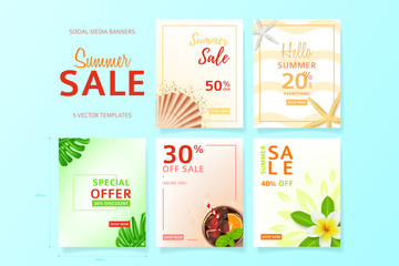 Collection of social media banners for summer sale. Vector illustration with realistic tropical summer fruit. Web banners templates for promotion in online social communities.