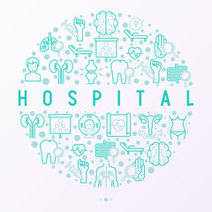 Hospital concept in circle with thin line icons for doctor's notation: neurologist, gastroenterologist, manual therapy, ophtalmologist, cardiology, allergist, dermatologist. Vector illustration.