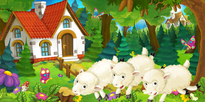 cartoon scene with happy and funny sheep near farm house in the forest - illustration for children