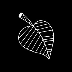 Linear cartoon hand drawn leaf drawing. Cute vector black and white leaf drawing. Isolated monochrome doodle leaf drawing on black background.