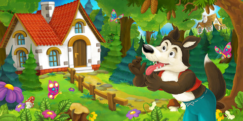 Obraz na płótnie Canvas cartoon scene with wolf in the forest near beautiful wooden farm house - illustration for children